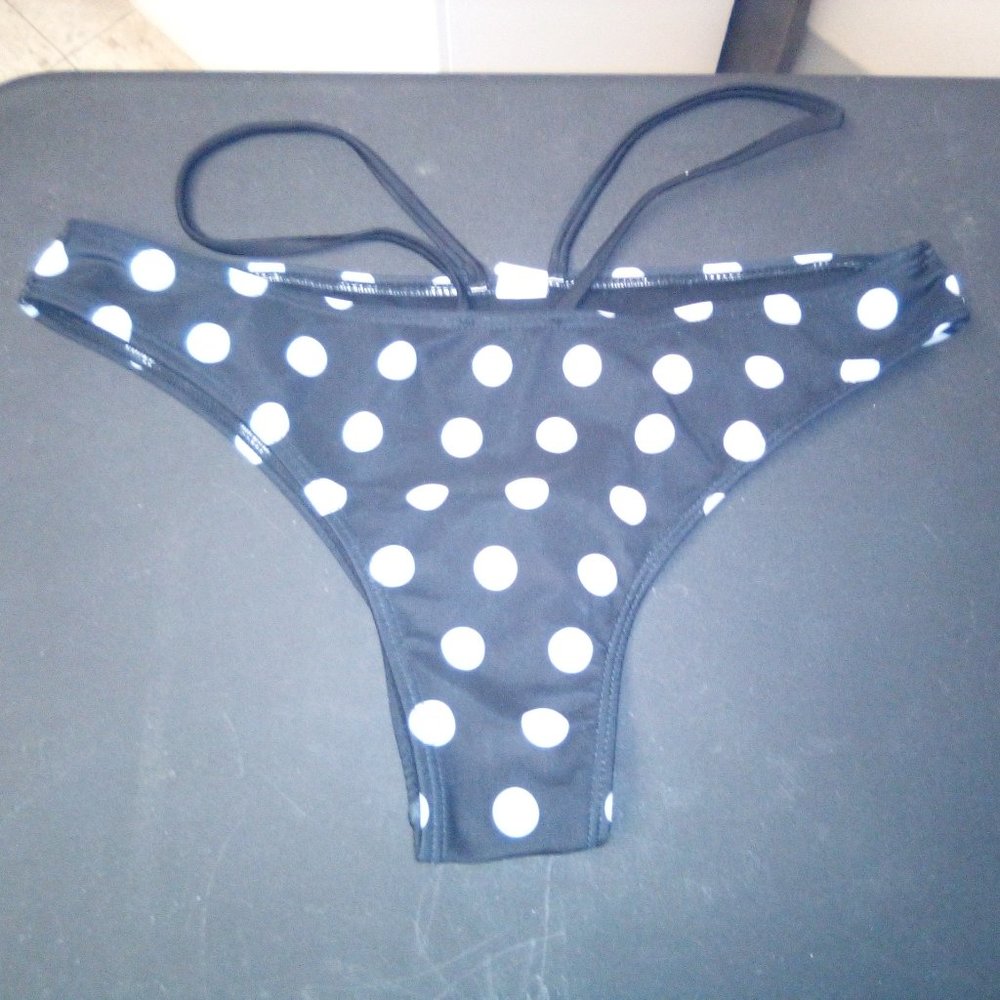 Brazilian Style Black & White Polka-Dot Bikini Bottoms With Cut-Out Straps